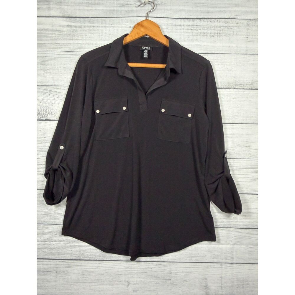 Jones New York Women's L Black Stretch Roll Tab Utility Tunic Blouse 1475